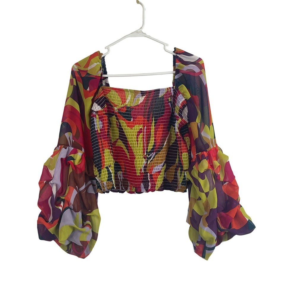 Joy & Ash Boho Abstract Print Smocked Square Neck Crop Top‎ Blouse XL